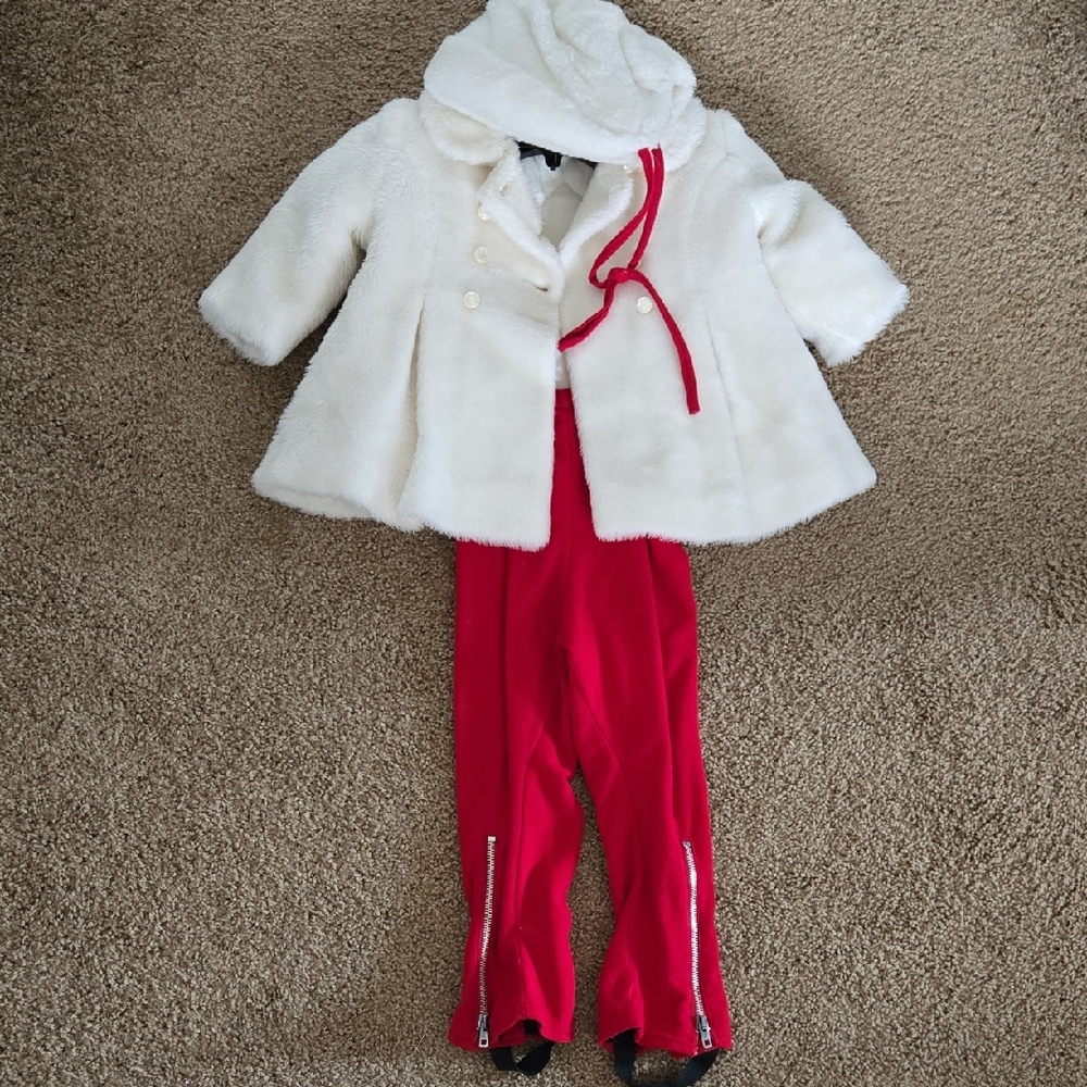 Vintage White Faux Fur Coat with Matching Hat And Red Stirrup Pants Set